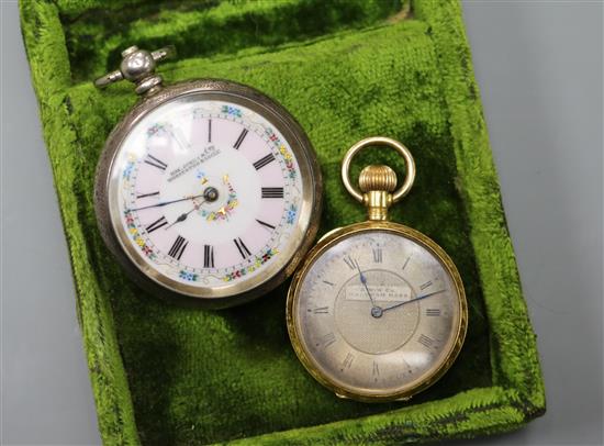 An 18ct gold Waltham fob watch and a 935 white metal pocket watch retailed by Kay, Jones & Co.